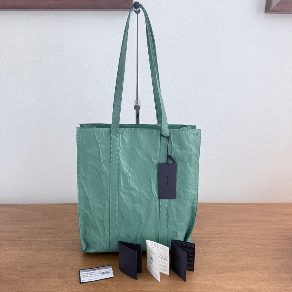 Prada 1BC459 Crinkled Leather Tote Bag Teal Green Shopper Triangle Logo - Picture 12 of 16
